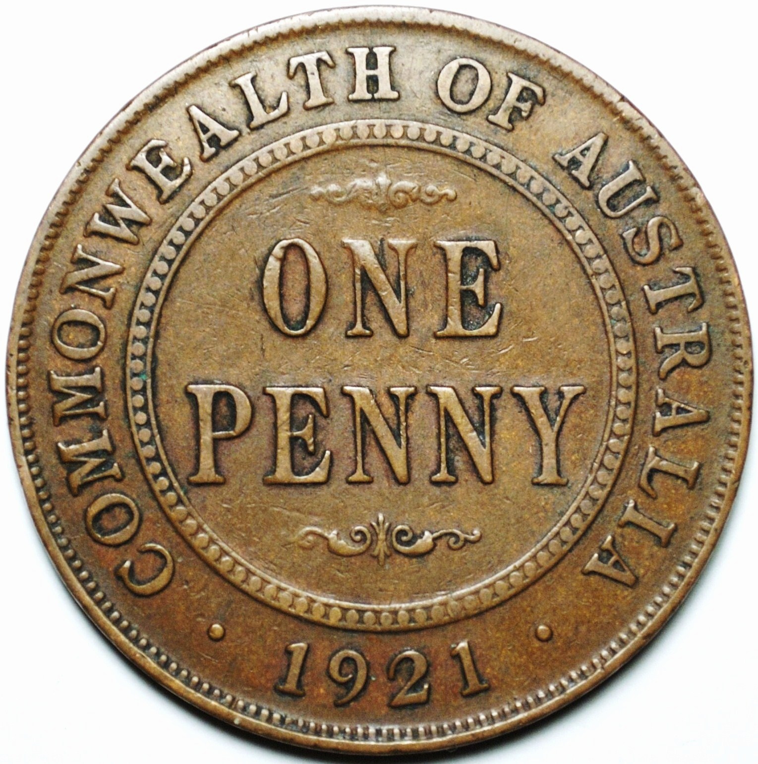 1921 Australian penny, London obverse variety, reverse