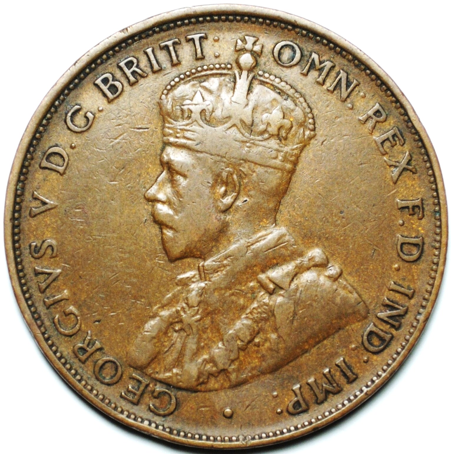 1921 Australian penny, London obverse variety, obverse